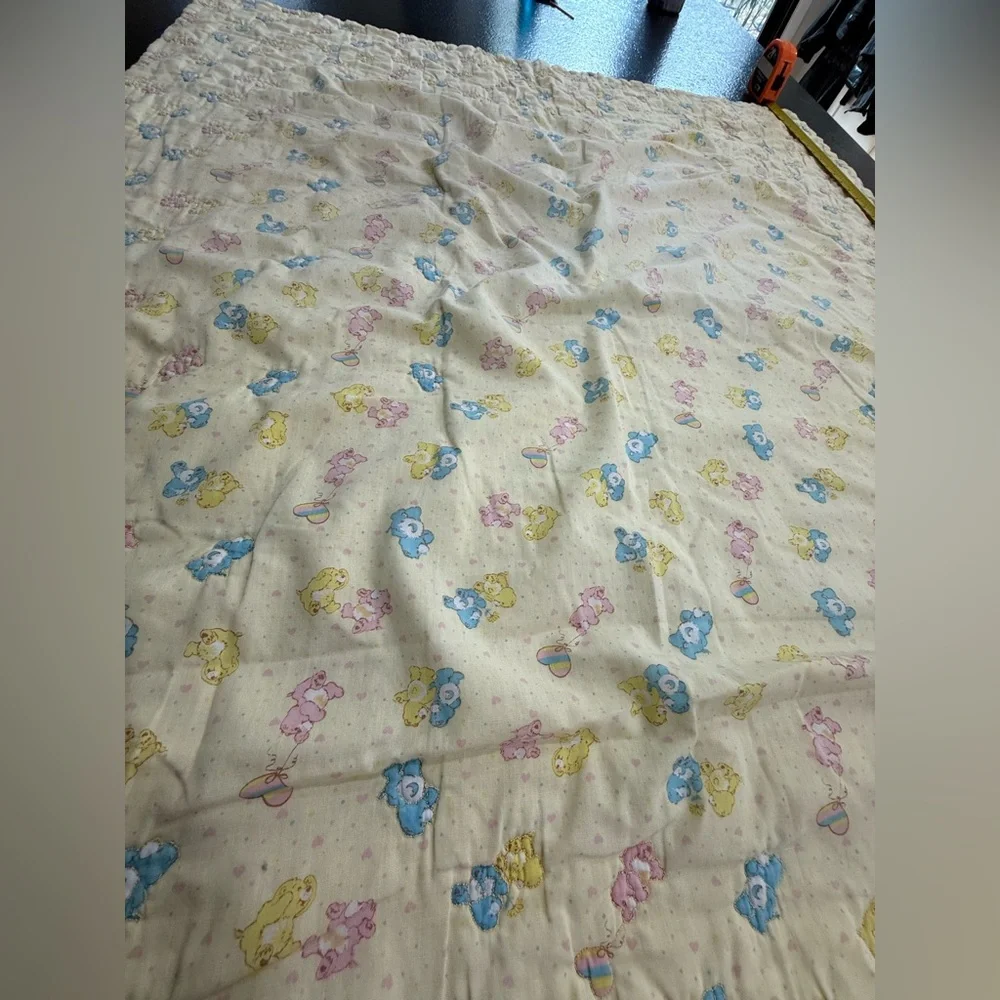 Vintage Care Bears Yellow Quilt Baby Blanket / Crib Blanket